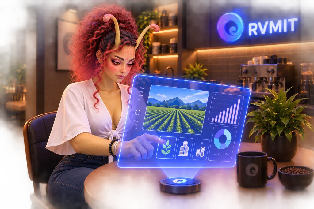 Aly consulta um painel holográfico de dados rurais.