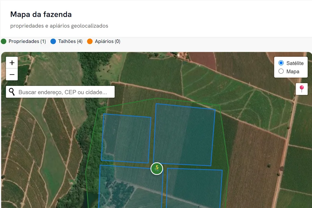 Tela do mapa do Safra em Dia com contorno da fazenda e quatro talhões, em dados fictícios de demonstração.